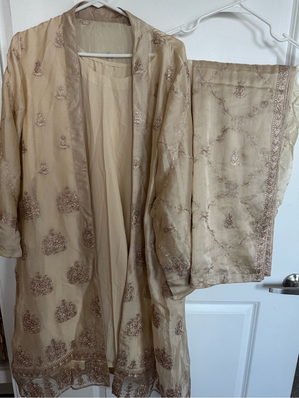 Embroidered Beige Silk Tunic Set